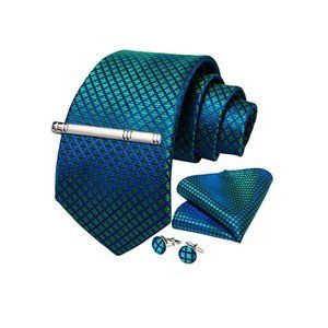 Men's Silk Tie + Pocket Square + Cufflinks + Tie Clip 4 Piece Set